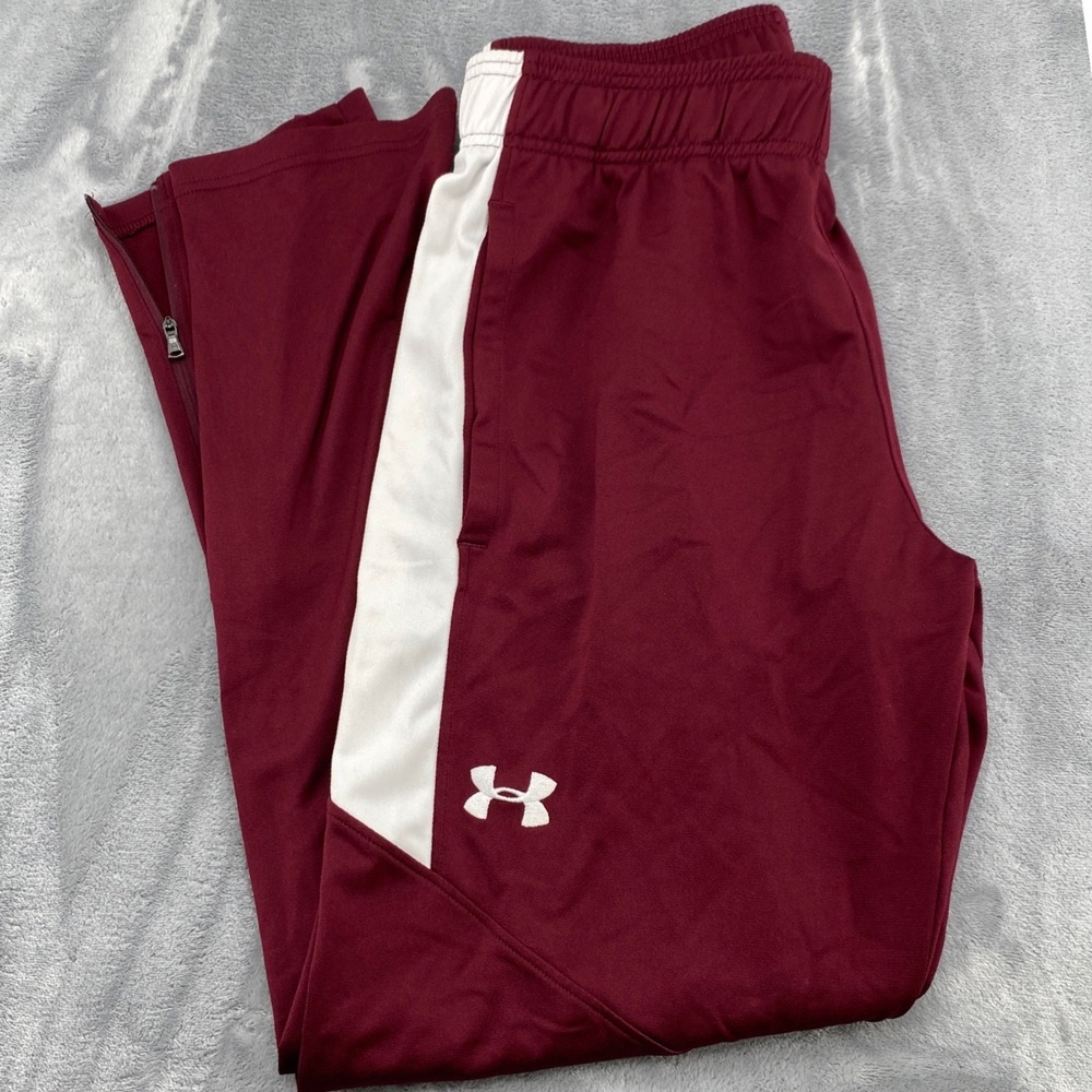 Under Armour Mens Medium Loose Fit Track Pants Maroon Burgundy White Ankle Zip